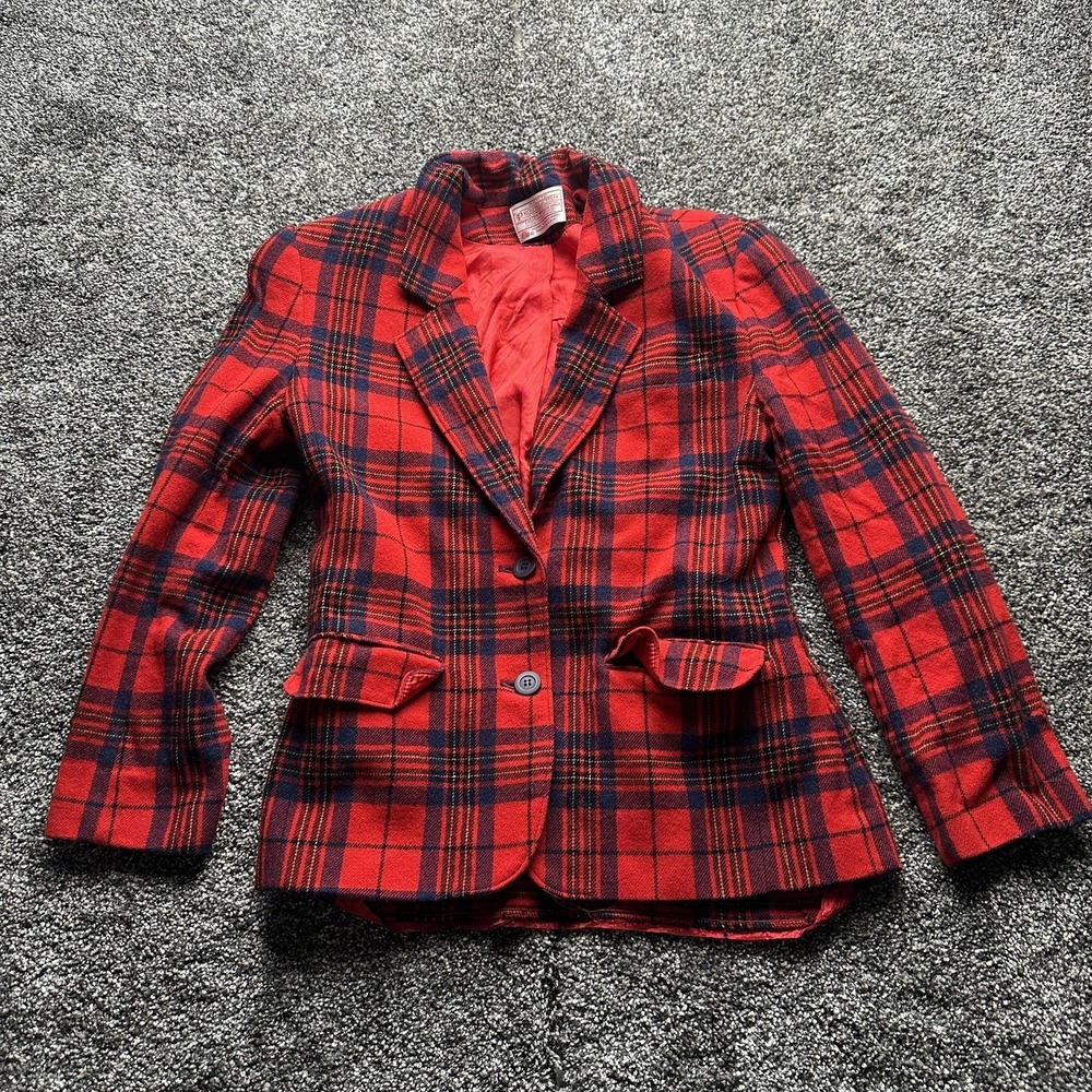 Pendleton Blazer Womens M Red‎ Plaid Tailored Lined Wool Two-Button Made In USA